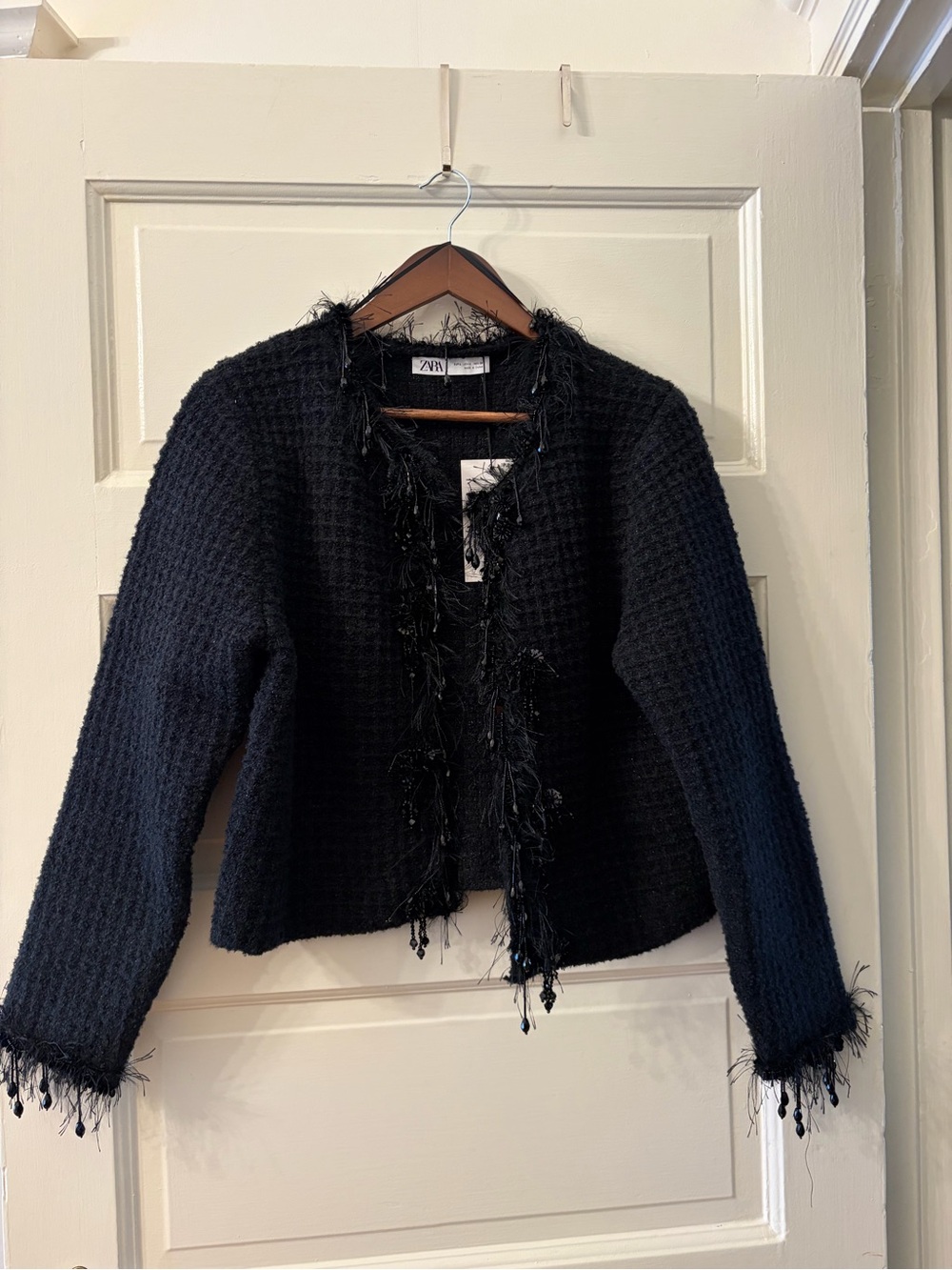 ZARA Black Fringed Sequin-Embellished Open Cardigan